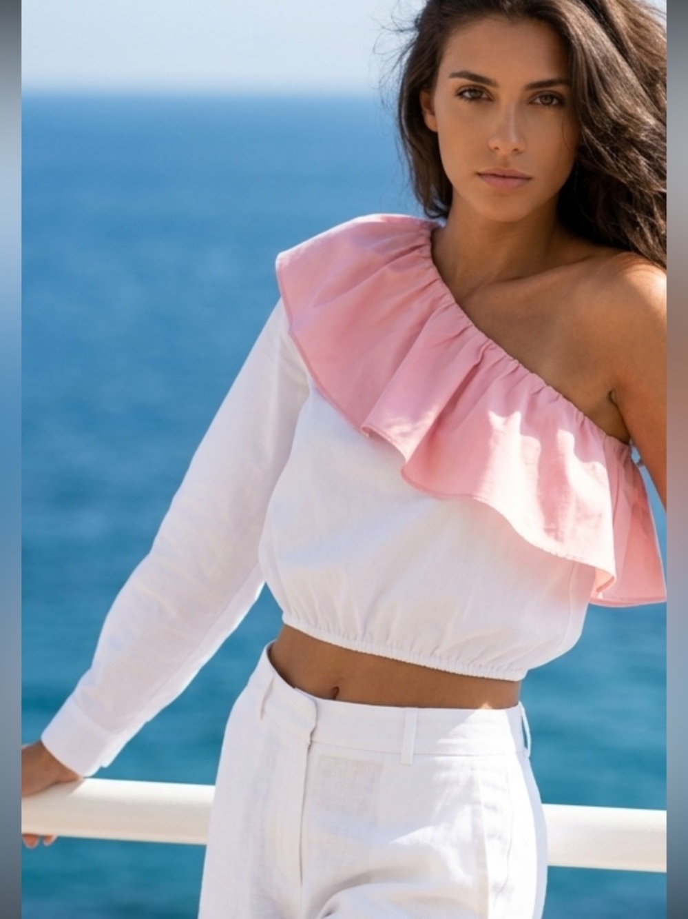 Dillard’s one sleeve ruffle crop top barbiecore size S NWOT